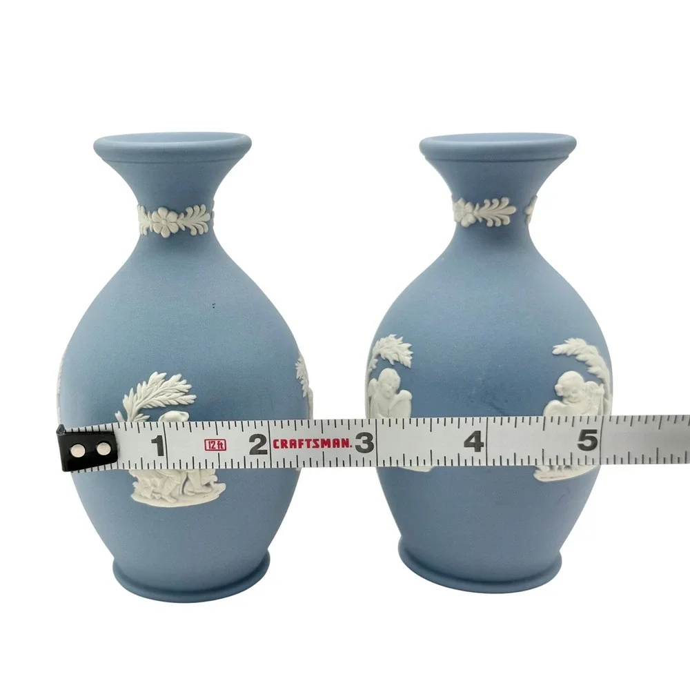 Vintage Wedgwood Blue Jasperware Bud Vases Pair White Cherub Relief Neoclassical